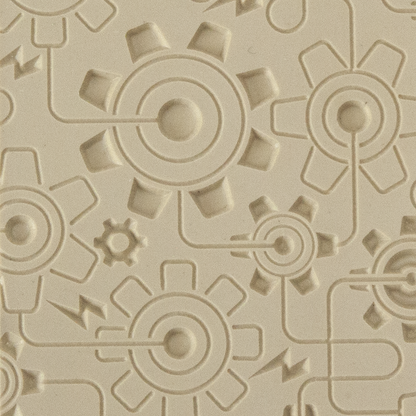 Texture Tile - Electric Gears Embossed. Beige Texture Tiles are flexible, washable and can be used with any soft clay. Spritz with CoolSlip or dust on Dry Powder Release for stick-free impressions when using metal clay and polymer clay.
