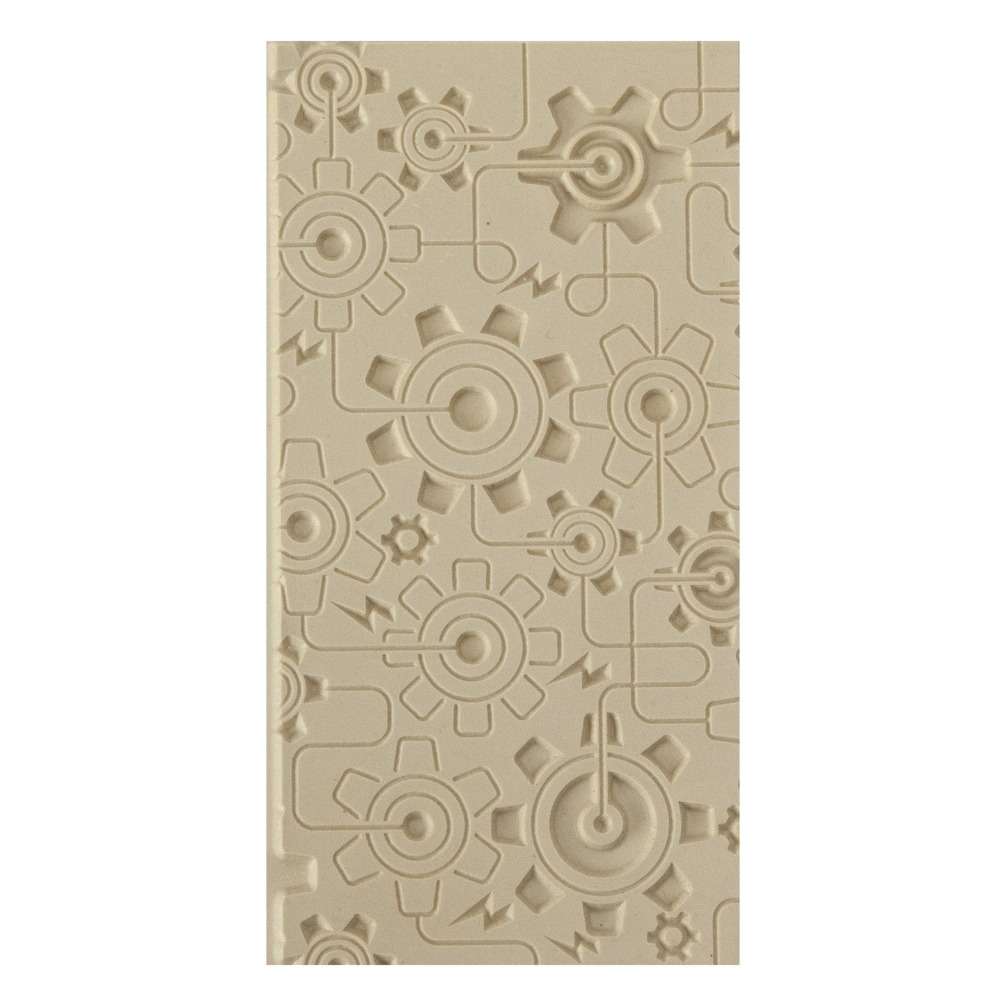 Texture Tile - Electric Gears Embossed. Beige Texture Tiles are flexible, washable and can be used with any soft clay. Spritz with CoolSlip or dust on Dry Powder Release for stick-free impressions when using metal clay and polymer clay.