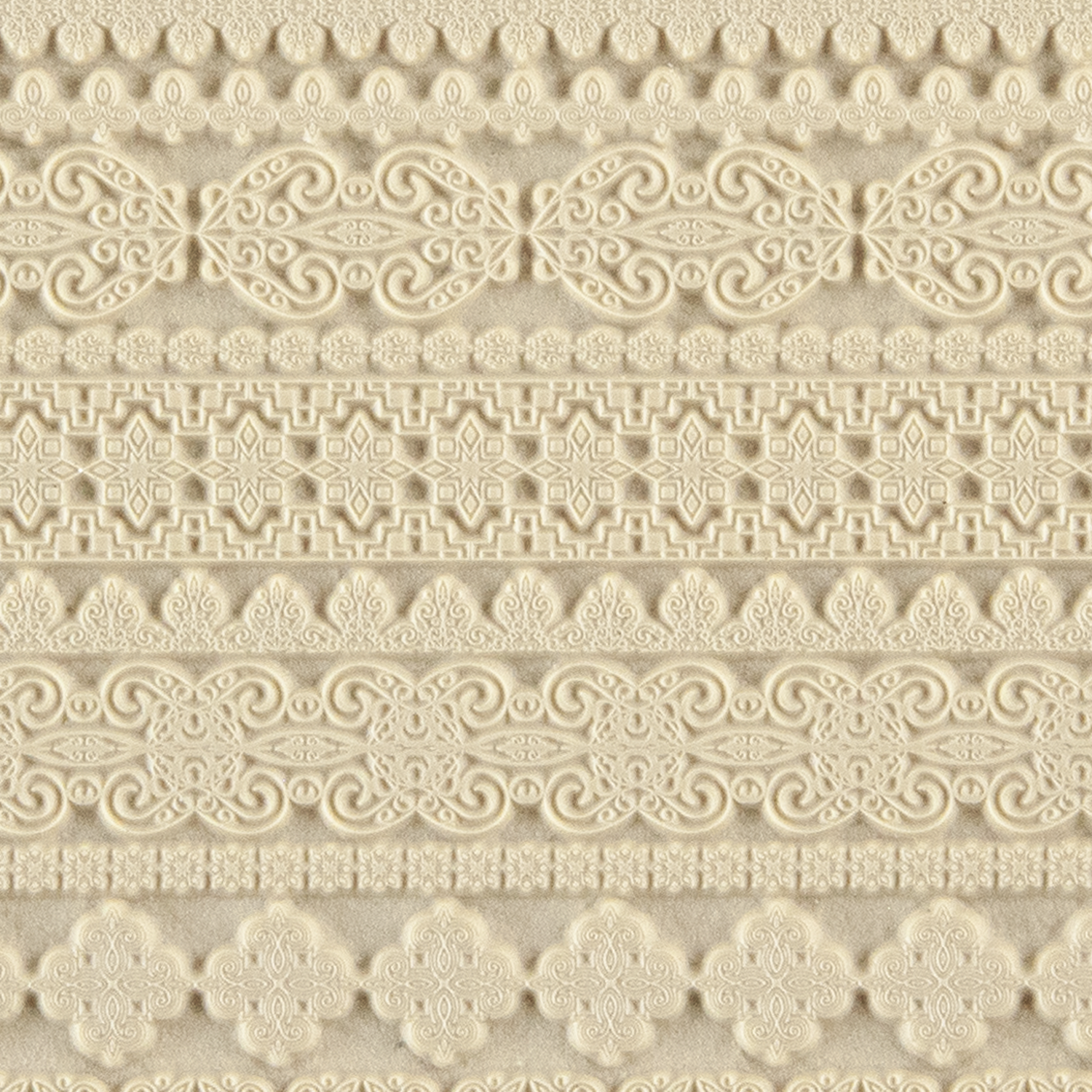 Texture Tile - Fancy Borders. Beige Texture Tiles are flexible, washable and can be used with any soft clay. Spritz with CoolSlip or dust on Dry Powder Release for stick-free impressions when using metal clay and polymer clay.