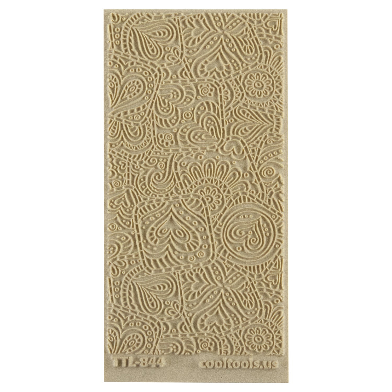 Texture Tile - Doodling Hearts. Beige Texture Tiles are flexible, washable and can be used with any soft clay. Spritz with CoolSlip or dust on Dry Powder Release for stick-free impressions when using metal clay and polymer clay.