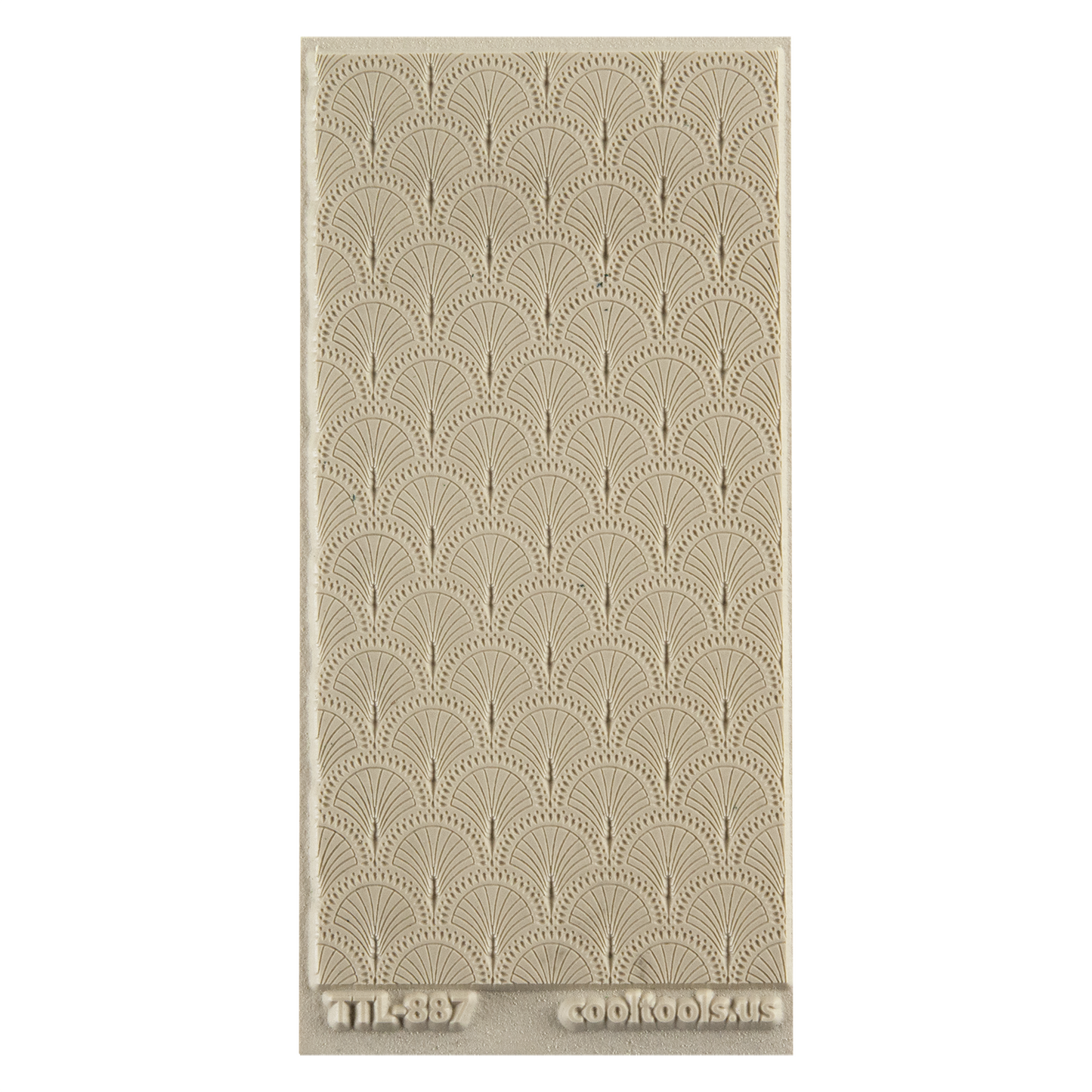 Texture Tile - Art Deco Shells Embossed. Beige Texture Tiles are flexible, washable and can be used with any soft clay. Spritz with CoolSlip or dust on Dry Powder Release for stick-free impressions when using metal clay and polymer clay.