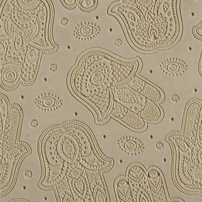Texture Tile - Hamsas Embossed. Beige Texture Tiles are flexible, washable and can be used with any soft clay. Spritz with CoolSlip or dust on Dry Powder Release for stick-free impressions when using metal clay and polymer clay.