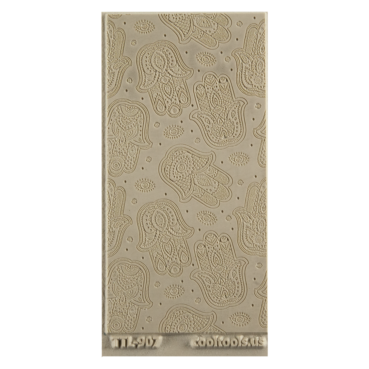 Texture Tile - Hamsas Embossed. Beige Texture Tiles are flexible, washable and can be used with any soft clay. Spritz with CoolSlip or dust on Dry Powder Release for stick-free impressions when using metal clay and polymer clay.