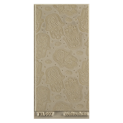 Texture Tile - Hamsas Embossed. Beige Texture Tiles are flexible, washable and can be used with any soft clay. Spritz with CoolSlip or dust on Dry Powder Release for stick-free impressions when using metal clay and polymer clay.