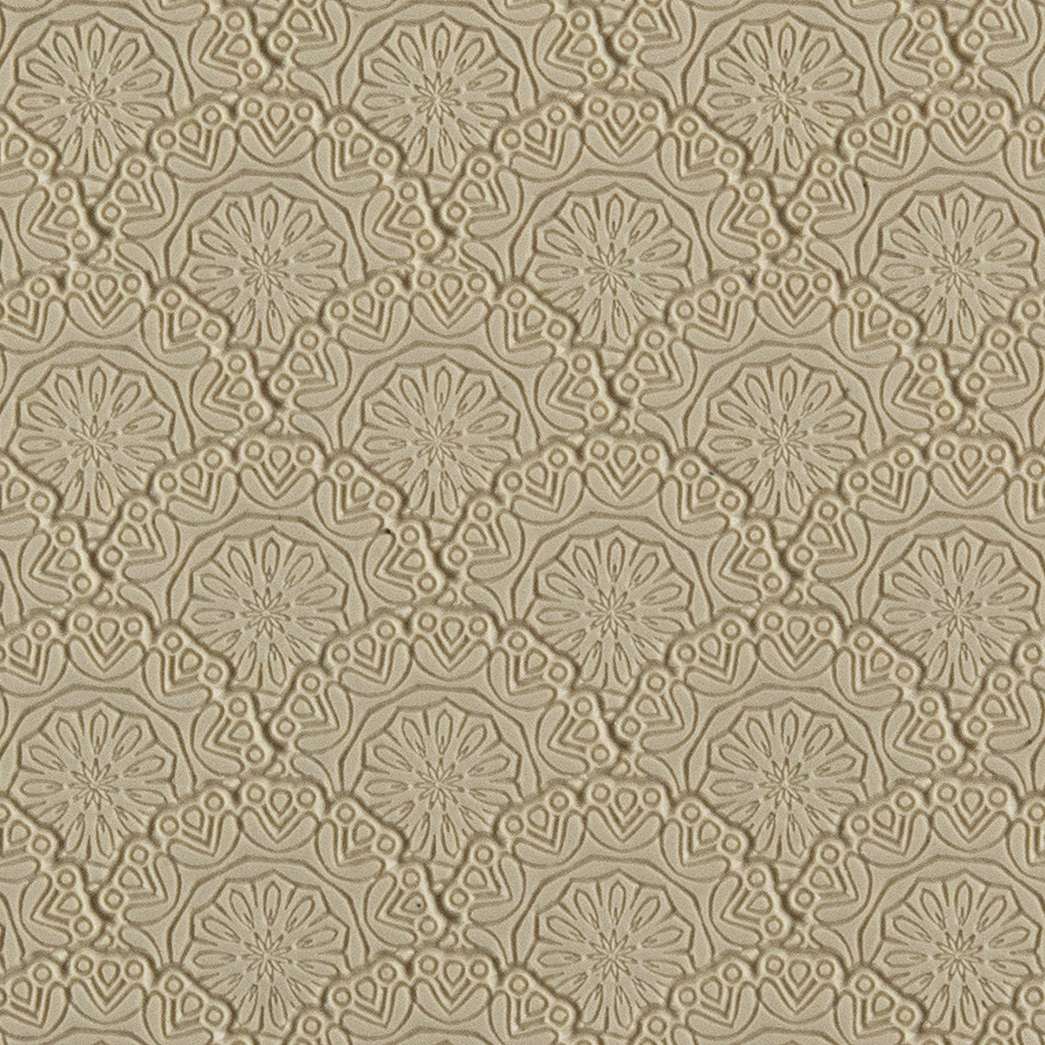 Texture Tile - Medallion Motif Embossed. Beige Texture Tiles are flexible, washable and can be used with any soft clay. Spritz with CoolSlip or dust on Dry Powder Release for stick-free impressions when using metal clay and polymer clay.