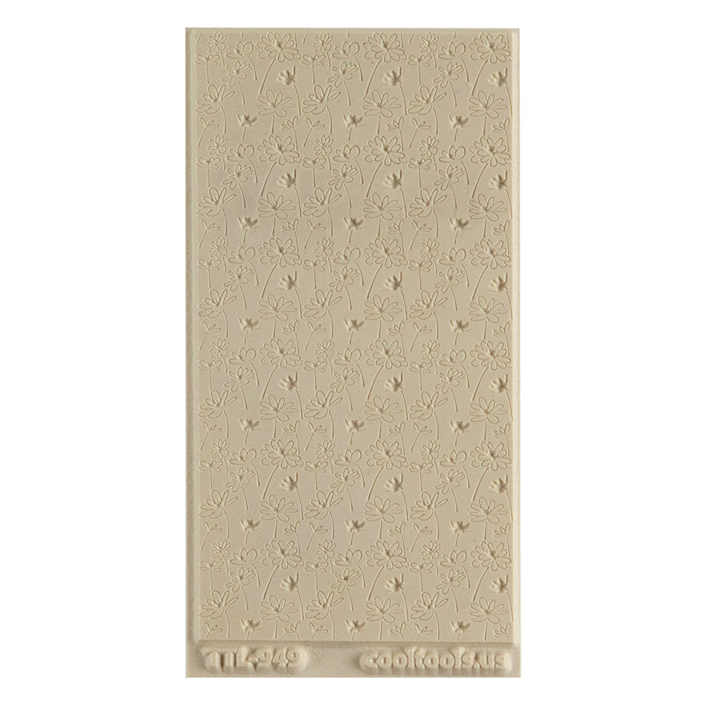 Texture Tile - Fresh as a Daisy Embossed. Texture Tiles are flexible, washable and can be used with any soft clay. Spritz with CoolSlip or dust on Dry Powder Release for stick-free impressions when using metal clay and polymer clay.