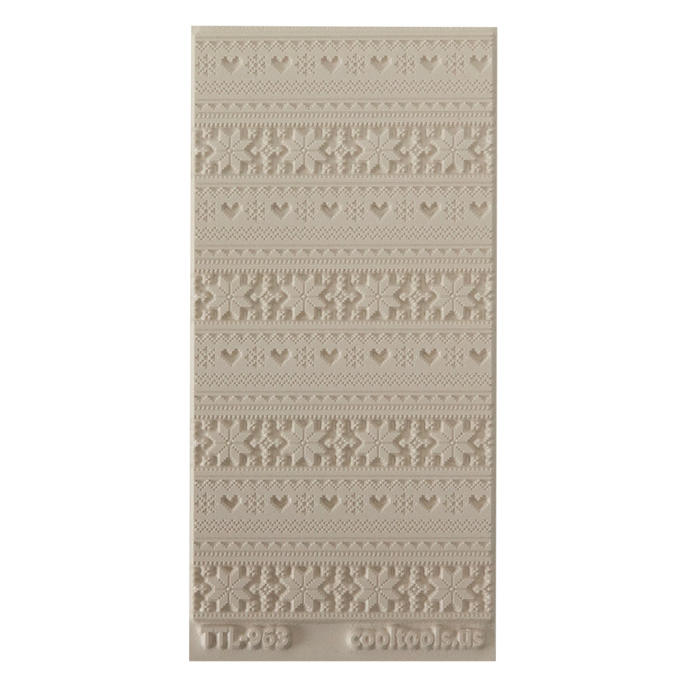 Texture Tile - Christmas Sweater Embossed. Beige Texture Tiles are flexible, washable and can be used with any soft clay. Spritz with CoolSlip or dust on Dry Powder Release for stick-free impressions when using metal clay and polymer clay.