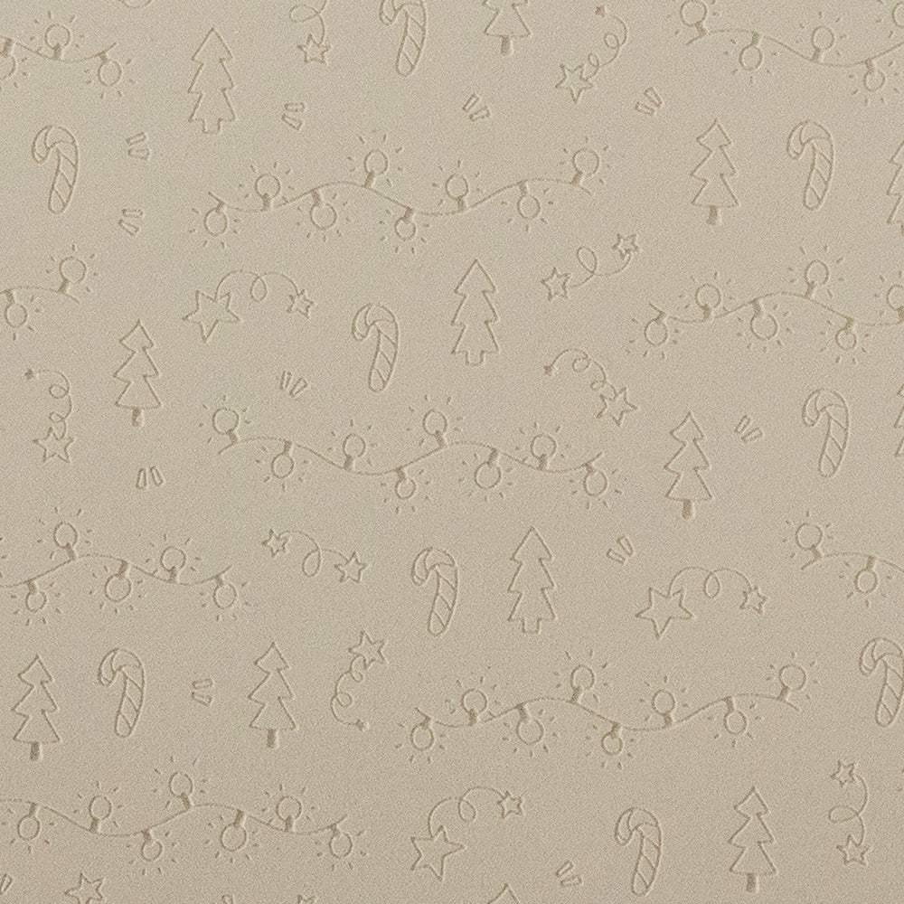 Texture Tile - Merry & Bright Embossed. Beige Texture Tiles are flexible, washable and can be used with any soft clay. Spritz with CoolSlip or dust on Dry Powder Release for stick-free impressions when using metal clay and polymer clay.