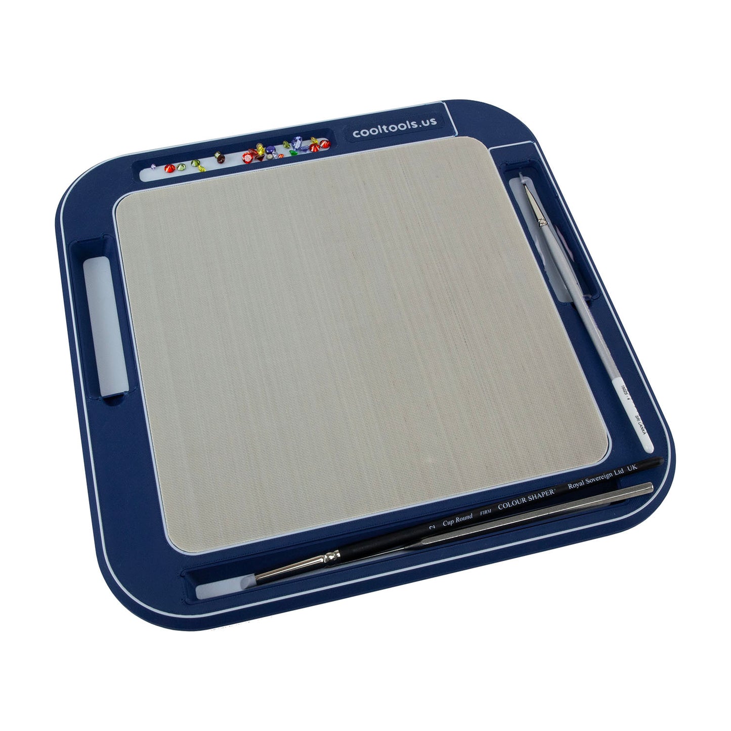 8x8 blue Non-Stick Clayboard WorkStation filled with czs, water and brush, clay shaper, ultra clay pick, 