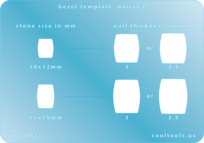 Bezel template with measurements for stone size and wall thickness on a blue background