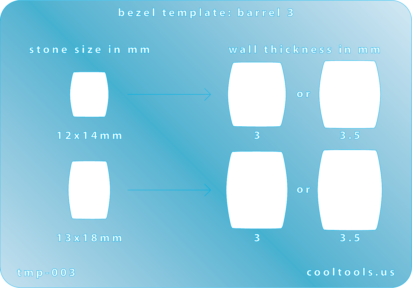 Bezel template with measurements for stone size and wall thickness on a blue background
