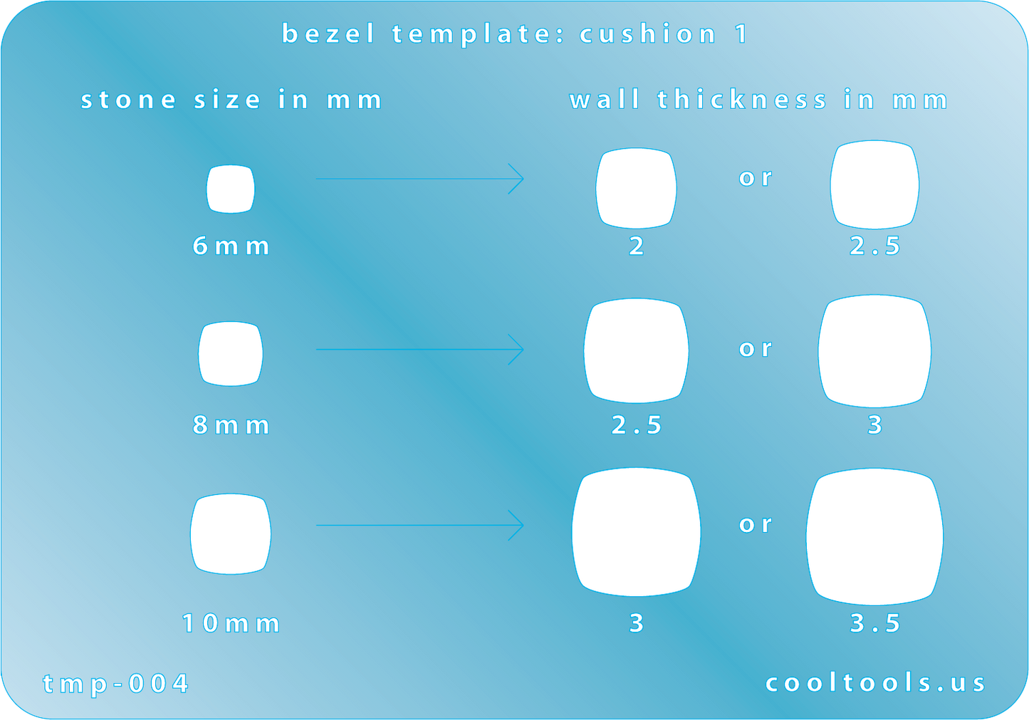 blue plastic Bezel template with stone size and wall thickness measurements on a blue background