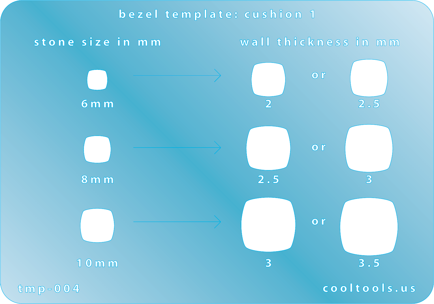 blue plastic Bezel template with stone size and wall thickness measurements on a blue background