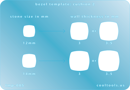 blue plastic Bezel template with stone size and wall thickness measurements on a blue background