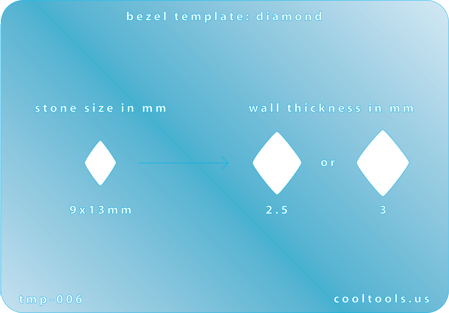blue plastic Bezel template for diamond with measurements on a blue background