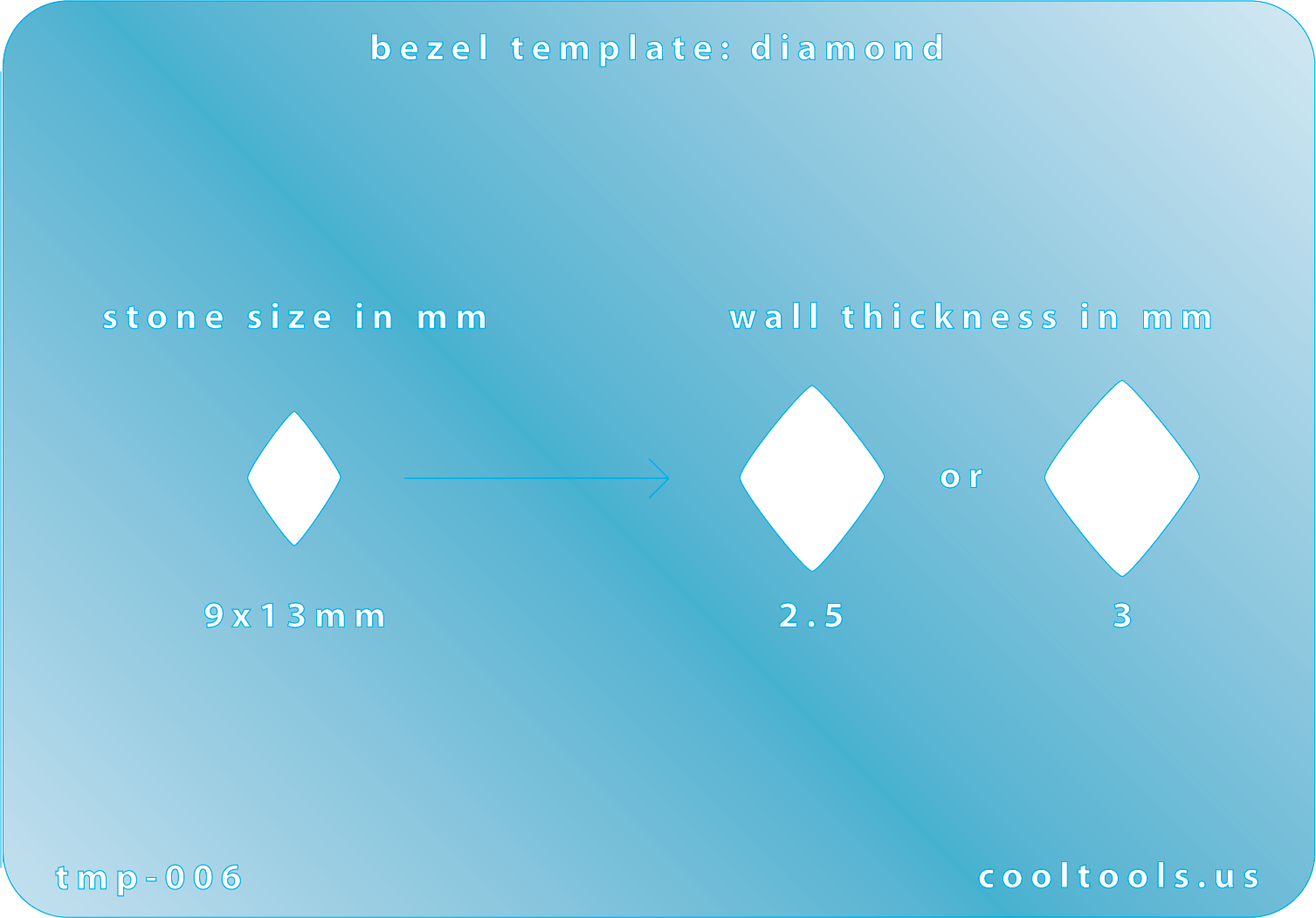 blue plastic Bezel template for diamond with measurements on a blue background