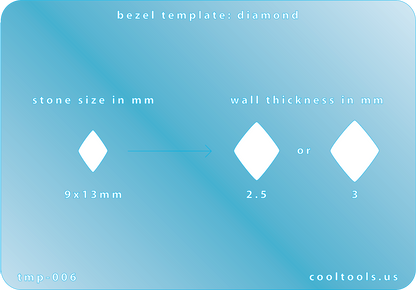 blue plastic Bezel template for diamond with measurements on a blue background