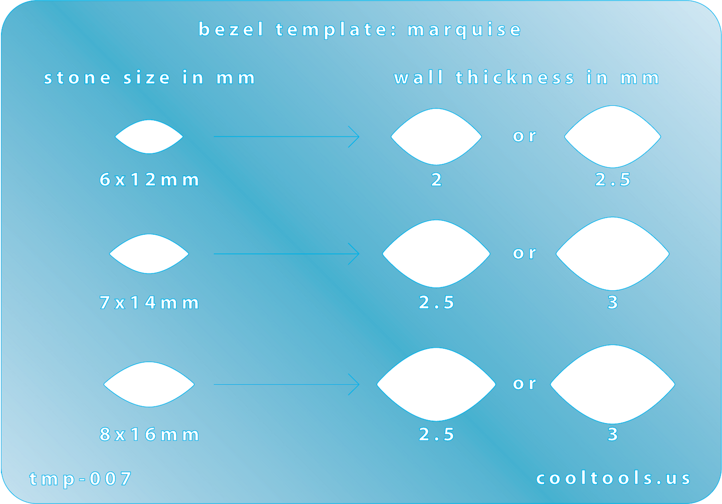 blue plastic Bezel template for marquise stones with size and thickness measurements on a blue background.