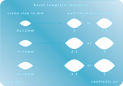 blue plastic Bezel template for marquise stones with size and thickness measurements on a blue background.
