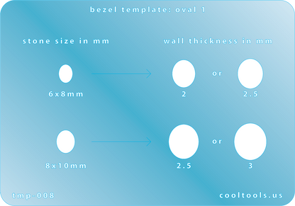 plastic Bezel template with oval stone sizes and wall thicknesses on a blue background