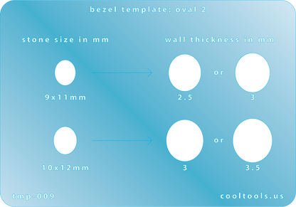 plastic Bezel template with oval stone sizes and wall thicknesses on a blue background