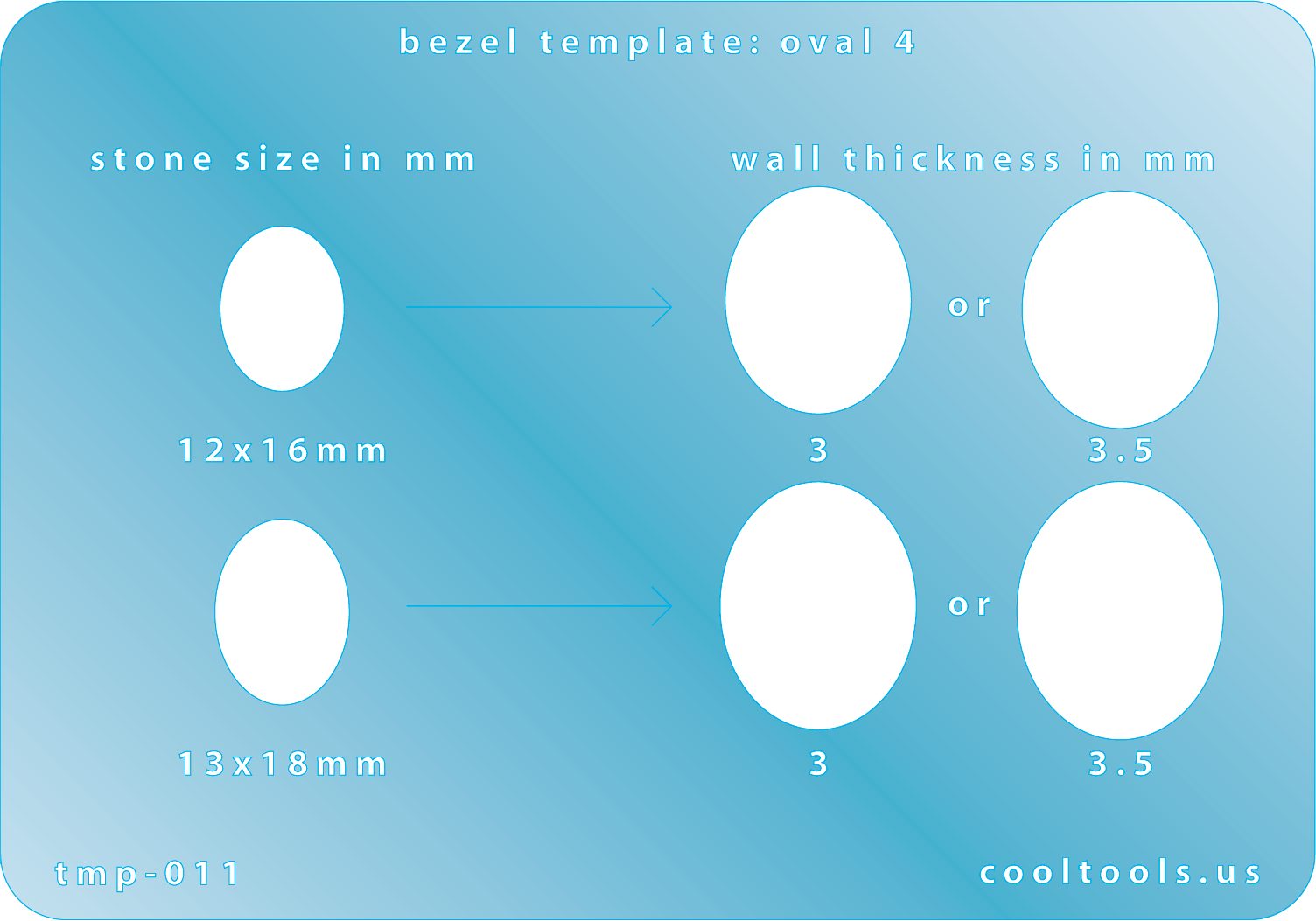 plastic Bezel template with oval shapes and measurement details on a blue background