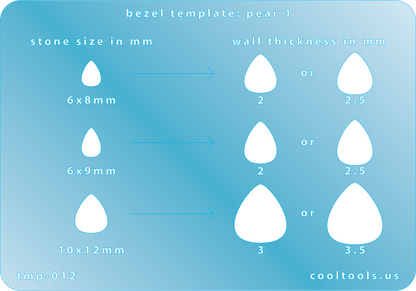 plastic Bezel Template - Pear 1 Bezel template with measurements for stones and wall thickness on a blue background