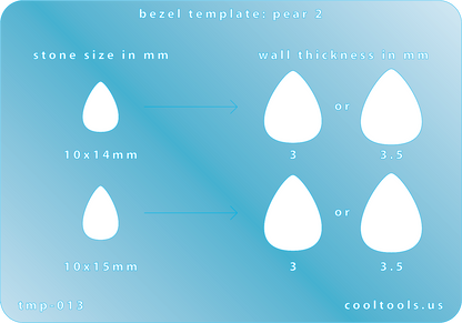 plastic Bezel template for pear-shaped stones with measurements on a blue background
