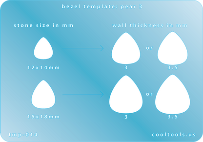 plastic Bezel template for pear-shaped stones with size and thickness measurements on a blue background.