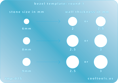 plastic Bezel Template - Round 1 Bezel template with stone size and wall thickness measurements on a blue background