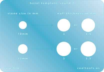plastic Bezel template with round stones and wall thickness measurements on a blue background