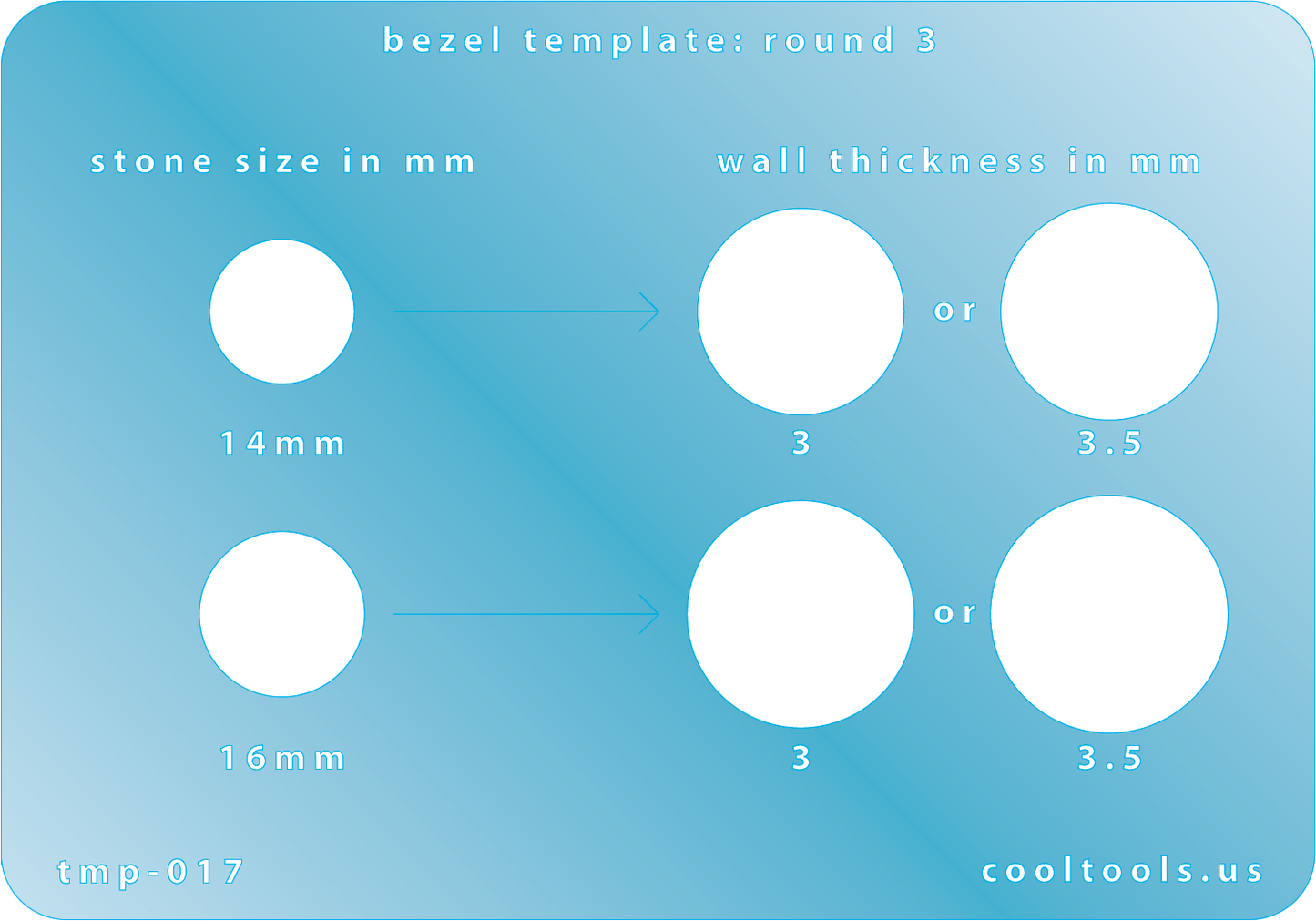 plastic Bezel template with measurements for round stones on a blue background