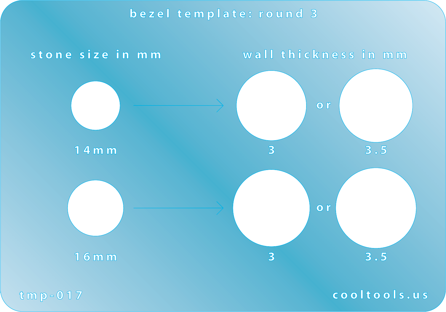 plastic Bezel template with measurements for round stones on a blue background
