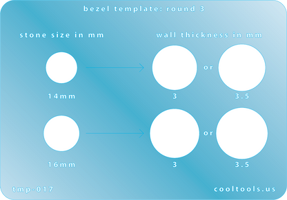 plastic Bezel template with measurements for round stones on a blue background