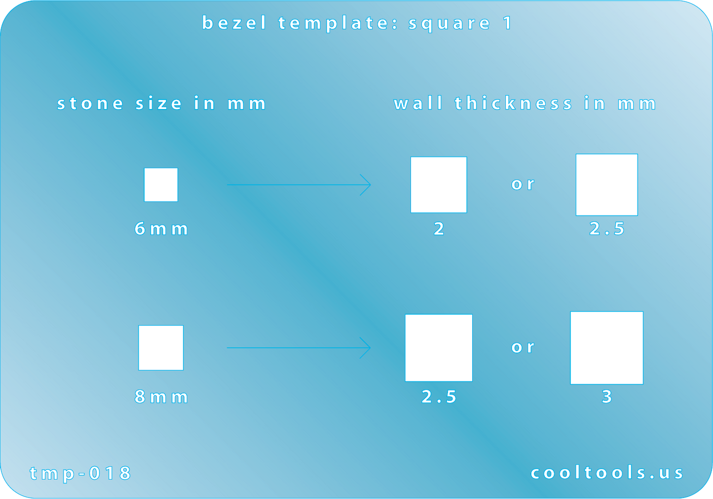 plastic Bezel Template - Square 1 Bezel template with measurements for stone size and wall thickness on a blue background