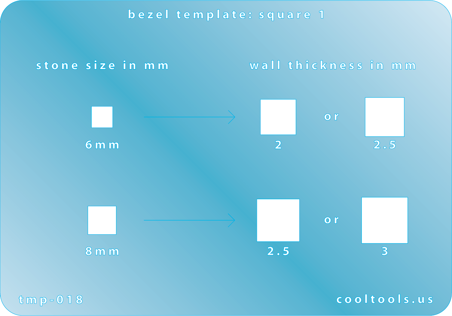 plastic Bezel Template - Square 1 Bezel template with measurements for stone size and wall thickness on a blue background