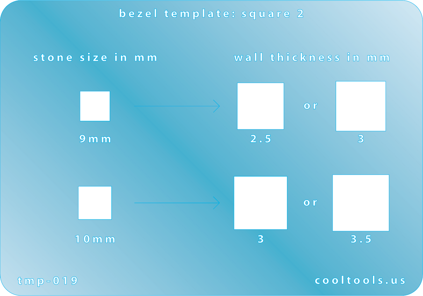 plastic Bezel Template - Square 2 Bezel template with measurements for square stones on a blue background