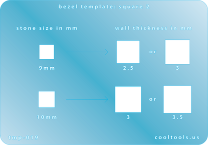 plastic Bezel Template - Square 2 Bezel template with measurements for square stones on a blue background