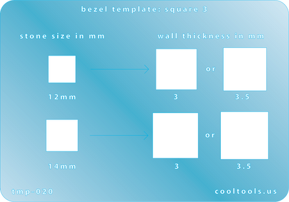 plastic Bezel Template - Square 3 Bezel template with dimensions for square stones on a blue background
