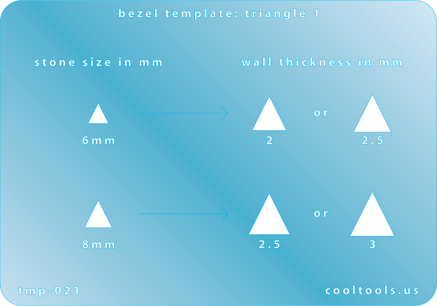 plastic Bezel Template - Triangle 1 
Bezel template with triangle shapes for stone size and wall thickness measurements on a blue background.