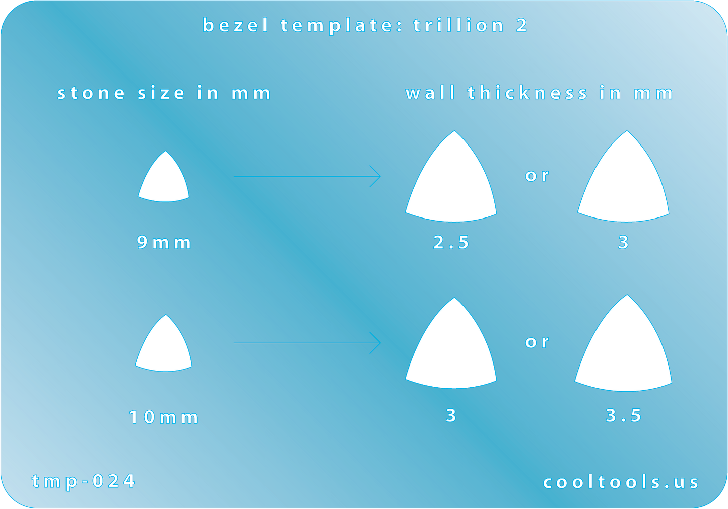plastic Bezel Template - Trillion 2 Bezel template for stones with measurements on a blue background