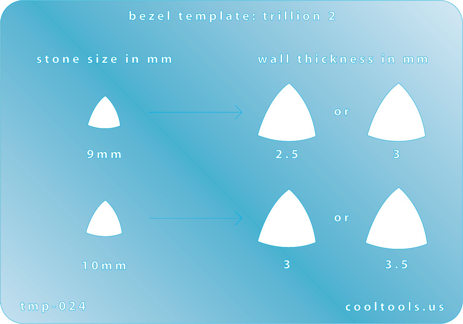 plastic Bezel Template - Trillion 2 Bezel template for stones with measurements on a blue background