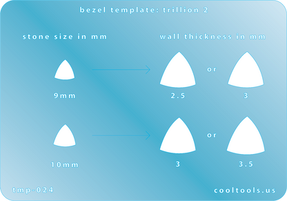 plastic Bezel Template - Trillion 2 Bezel template for stones with measurements on a blue background