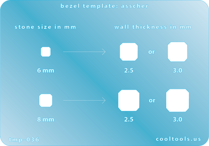plastic Bezel Template - Asscher Bezel template with measurements for stone size and wall thickness on a blue background