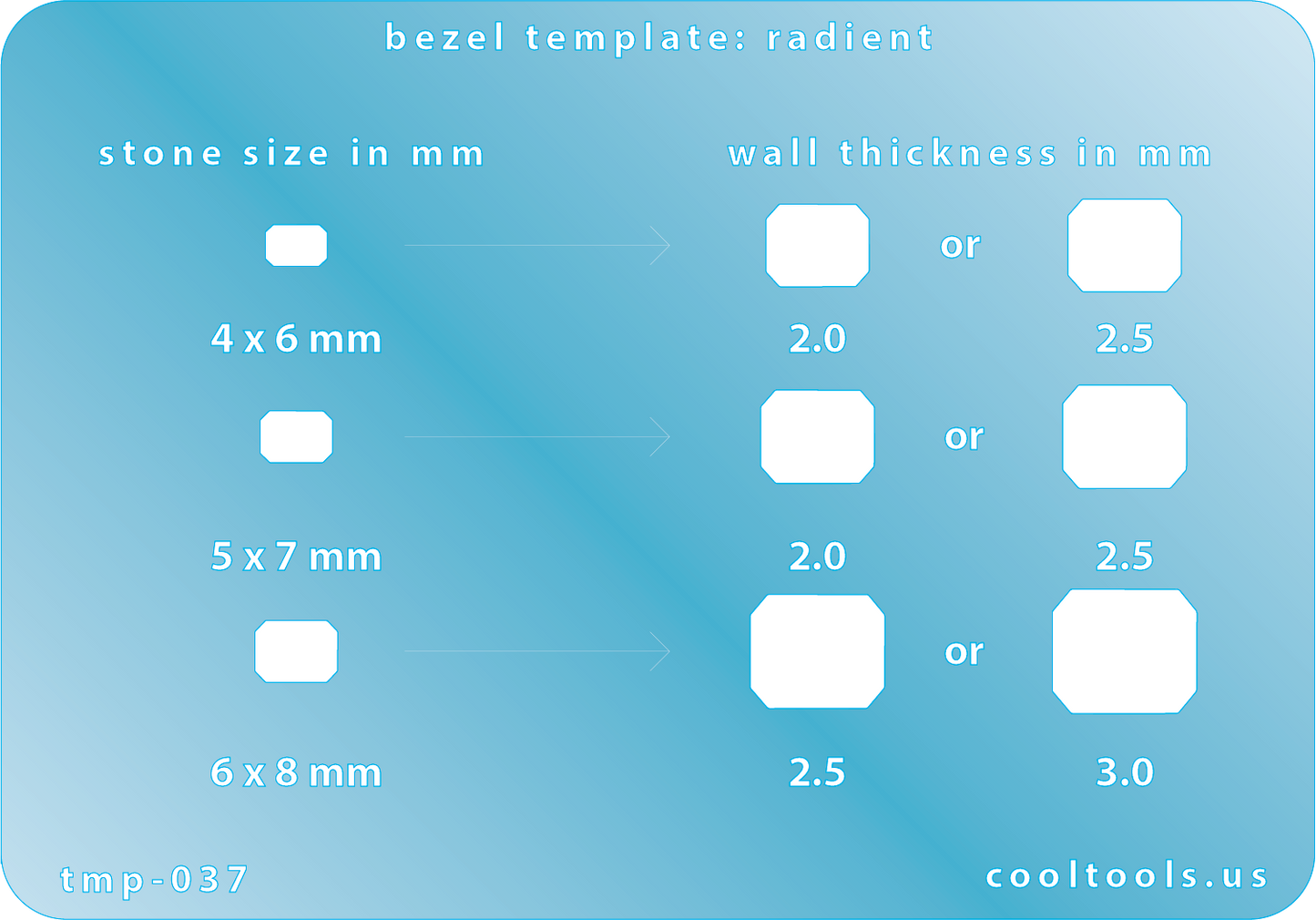 plastic Bezel Template - RadiantBezel template with measurements for stone size and wall thickness on a blue background