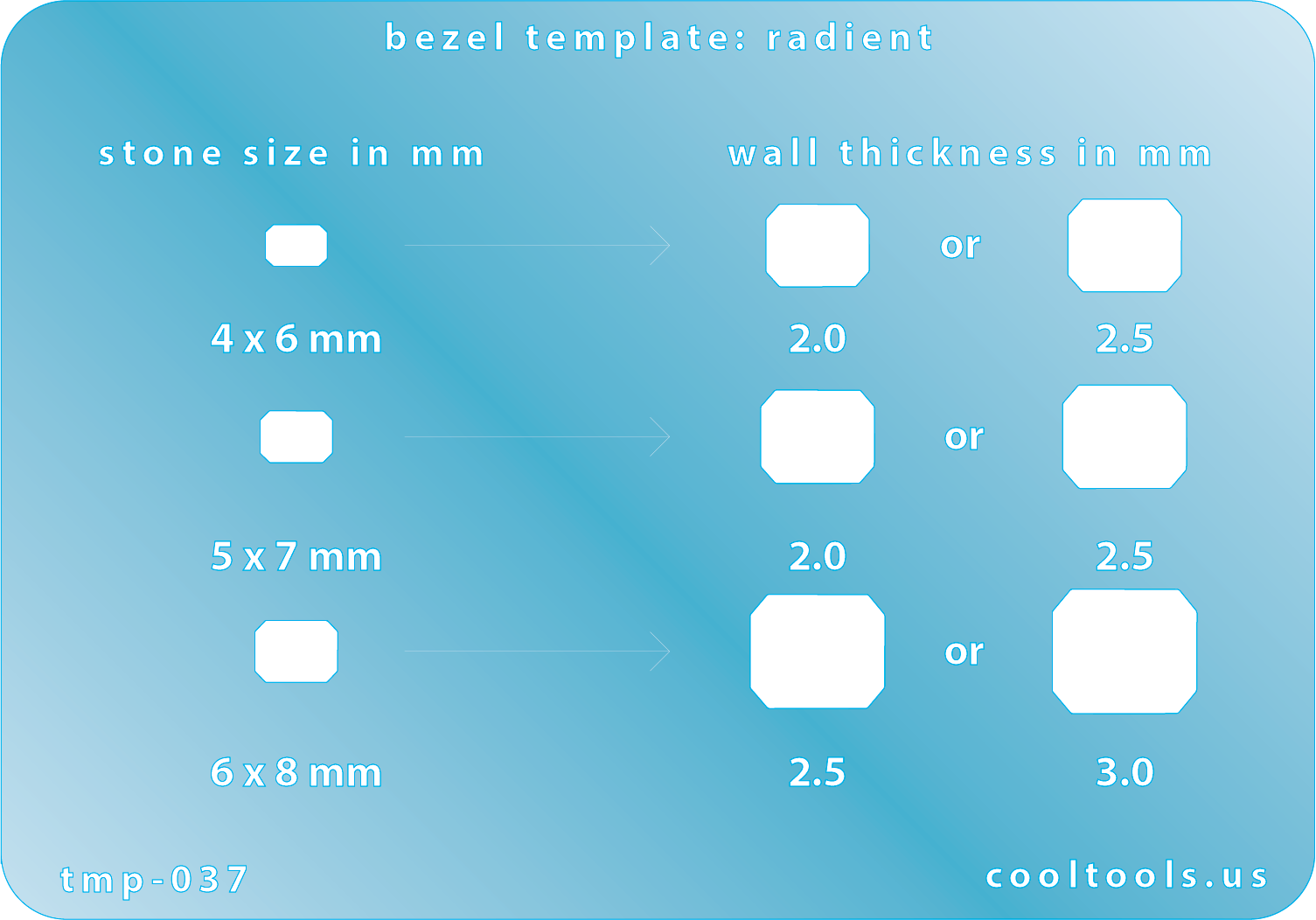 plastic Bezel Template - RadiantBezel template with measurements for stone size and wall thickness on a blue background