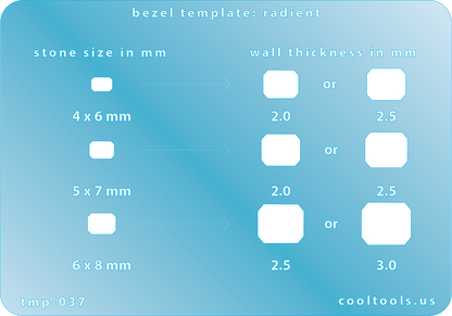 plastic Bezel Template - RadiantBezel template with measurements for stone size and wall thickness on a blue background