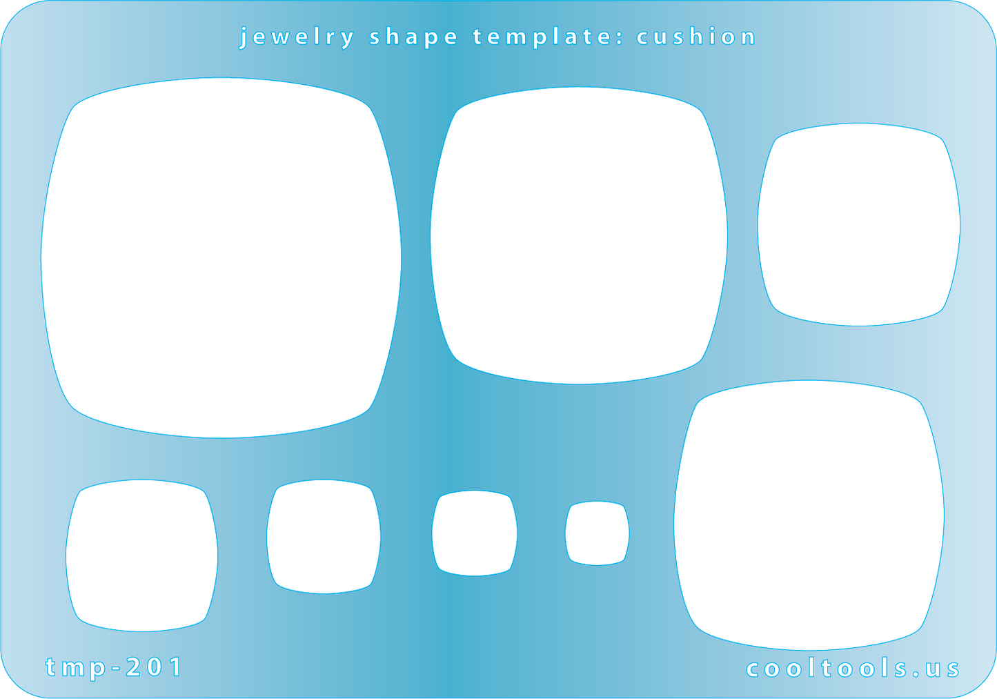 plastic Jewelry shape template with cushion cut shapes on a blue background