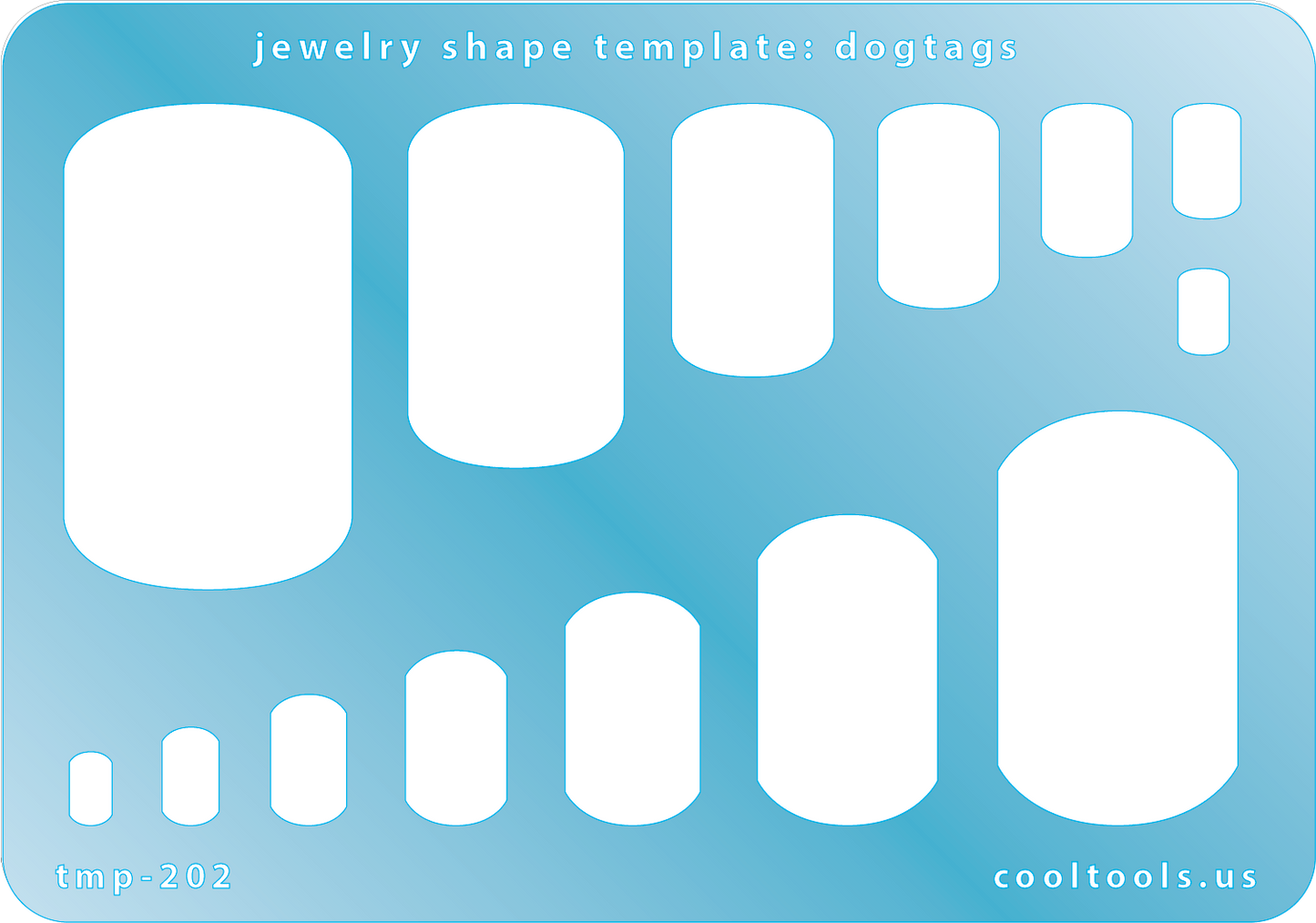 plastic Jewelry shape template for dogtags on a blue background with 'cooltools.us' branding.