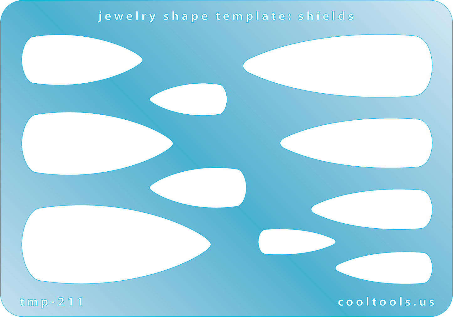 plastic Jewelry shape template for shields on a blue background with 'cooltools.us' branding.